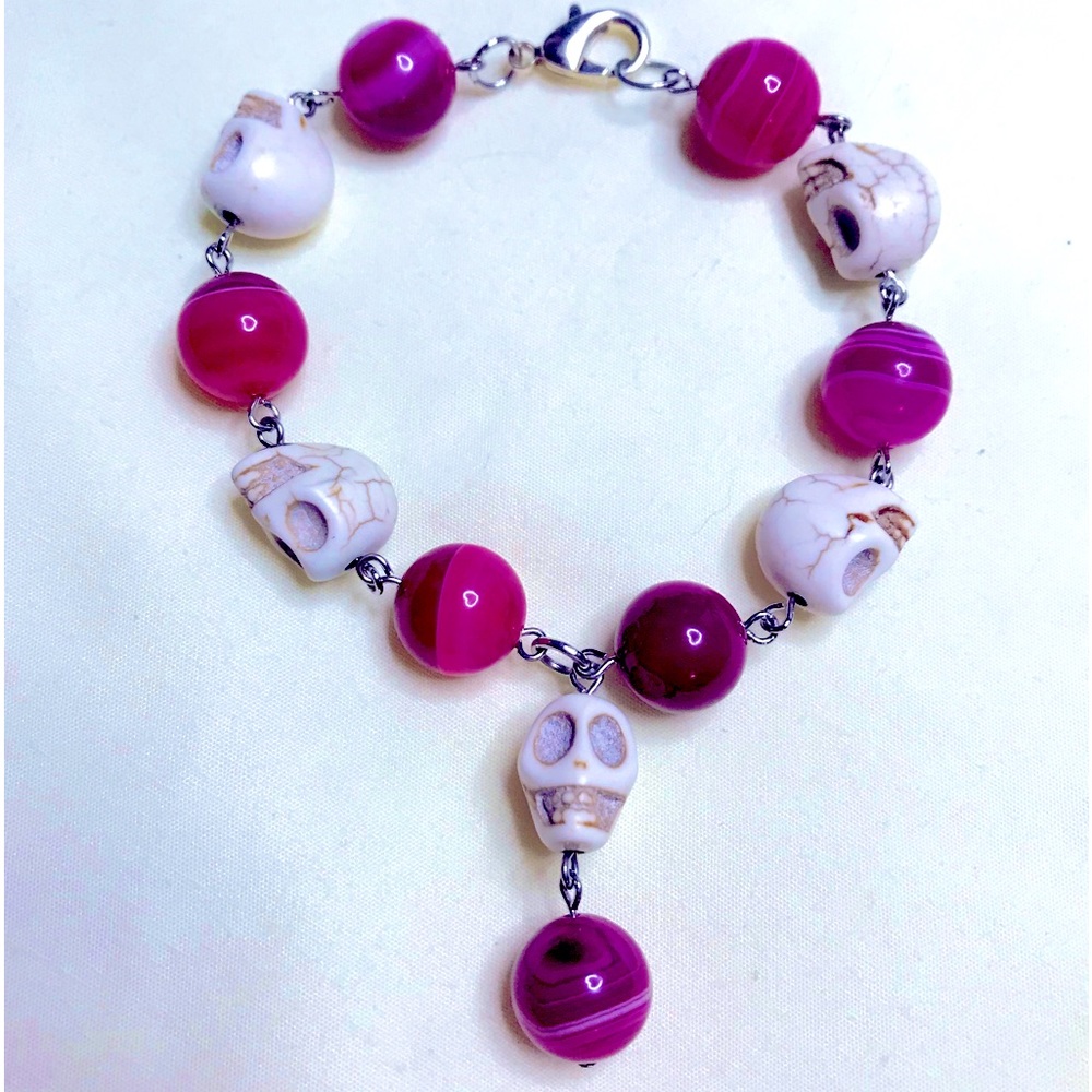 Fuschia Pink Agate Geode Silver Charmed Howlite Skulls Bracelet Handmade